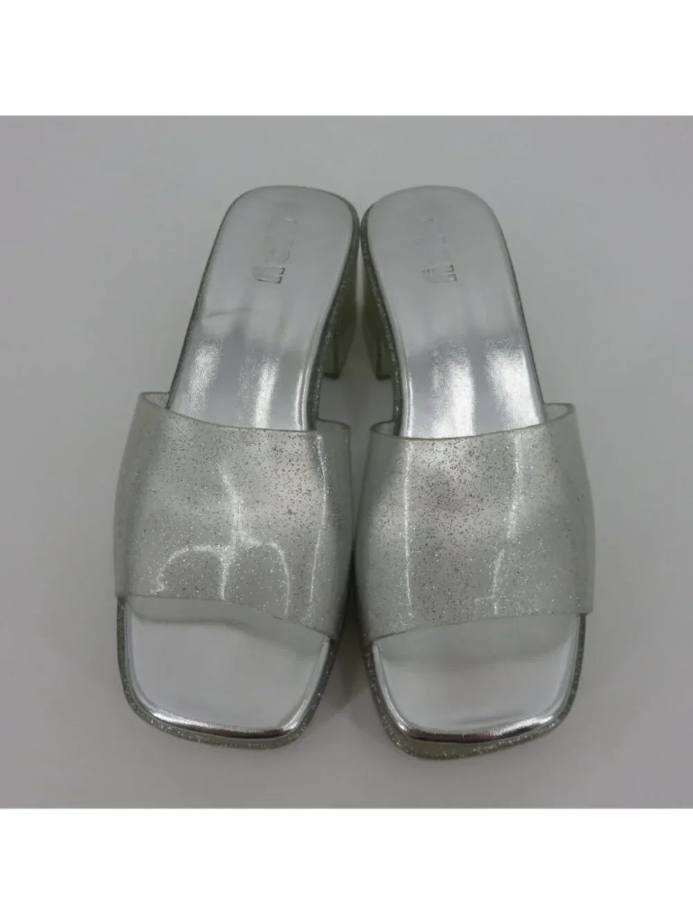 Play Women 7 US Silver Glitter Chunky Heel Platform Slide Shoes Sandals Costume